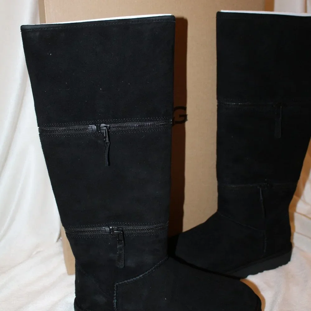 NIB UGG WOMEN'S‎ ULTRA TALL SUEDE SHEARLING LINED ZIPPER ACCENT BOOTS BLACK